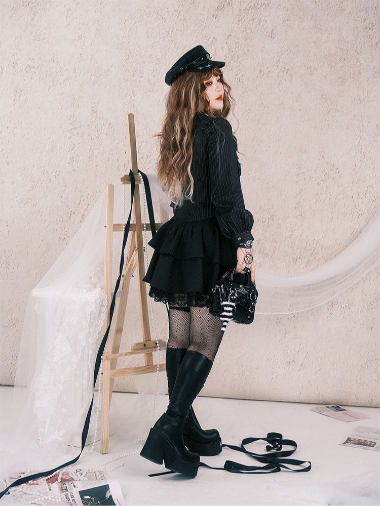 Plus Size Black Y2K Gothic Striped Top with Cross Charms & Bead Chains