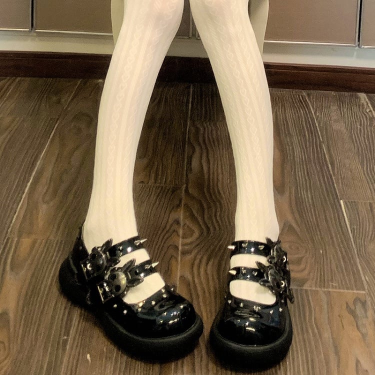 Skeleton Bunny Buckles Polished Black Punk Mary Janes