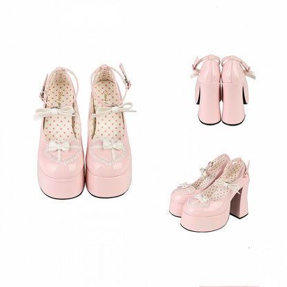 Bow Accents Heart Design Pink and White Platform Block High Heels