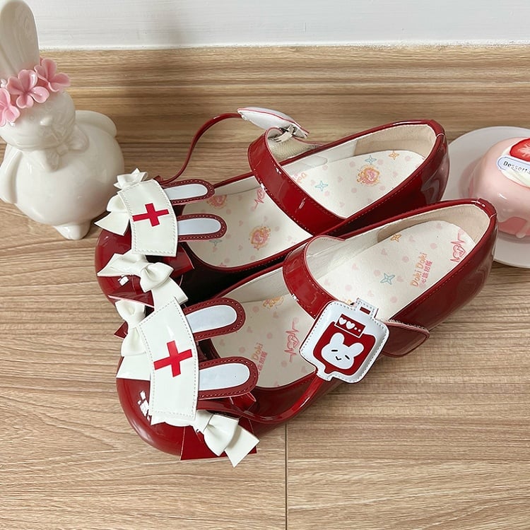 Red Sweet Lolita Low-heel Mary Janes with Bunny Ear Nurse Cap Accent & Bows Decor