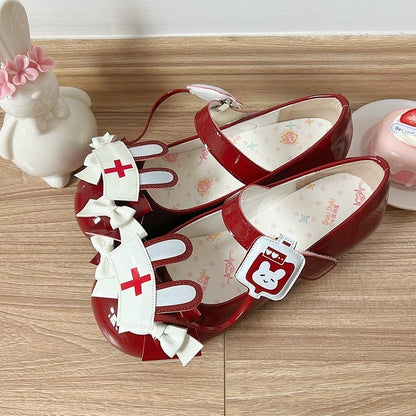 Red Sweet Lolita Low-heel Mary Janes with Bunny Ear Nurse Cap Accent & Bows Decor