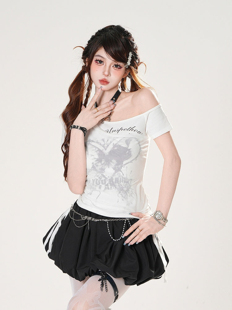 Asymmetrical Neckline Butterfly Print White/Pink Slim-fitting T-shirt