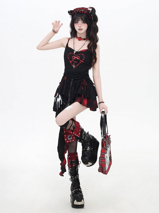 Red and Black Plaid Drawstring Waist Handkerchief Hem Tiered Skirt Cami Dress