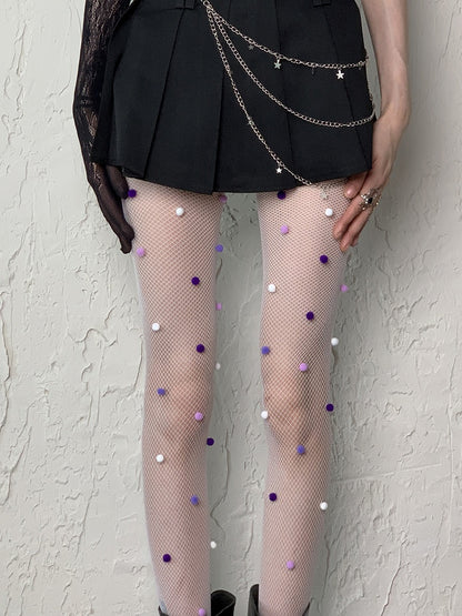 White Y2K Hollow-out Design Fishnet Tights With Pink Purple White Pompons