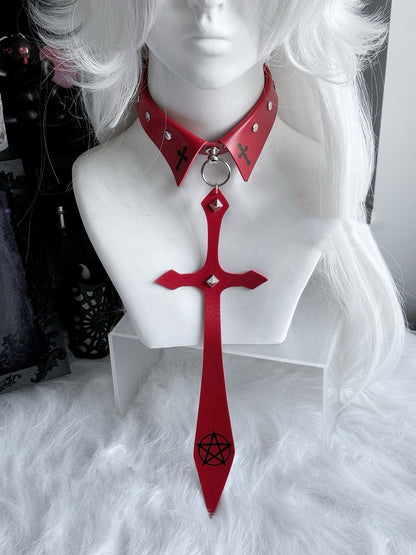 Punk Black/Red Pentacle Cross Charm Studded Necktie