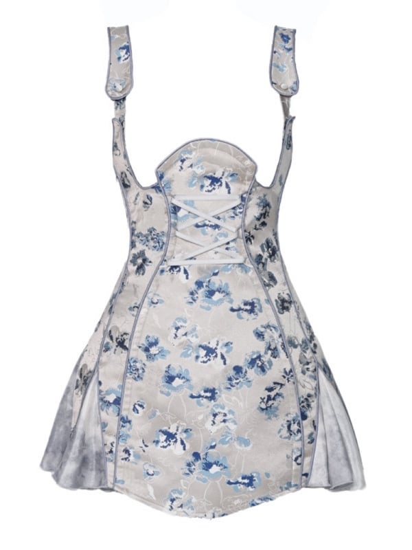 Dusty Blue Under Bust Floral Jacquard Corpse Bride Overall Dress
