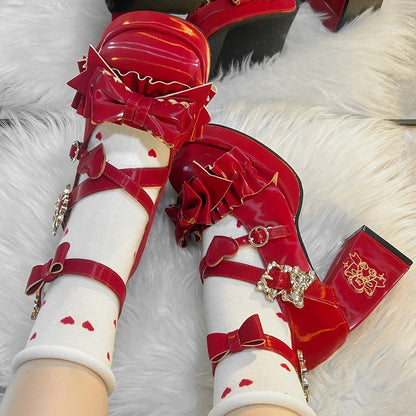 Red Bear Buckle Straps Bowknot High Block Heels with Bear Embroidery