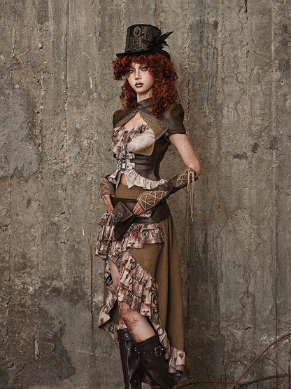 Brown Steampunk Open Bust PU Leather Banded Collar Top