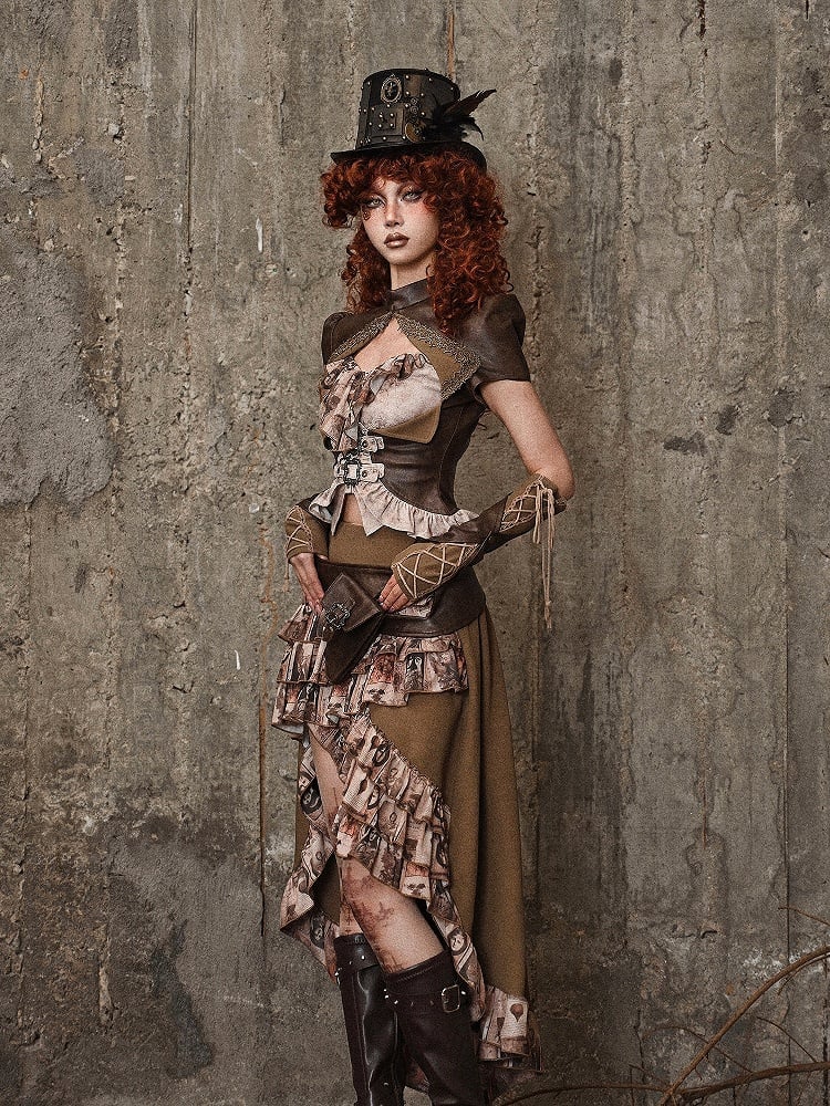 Brown Steampunk Open Bust PU Leather Banded Collar Top