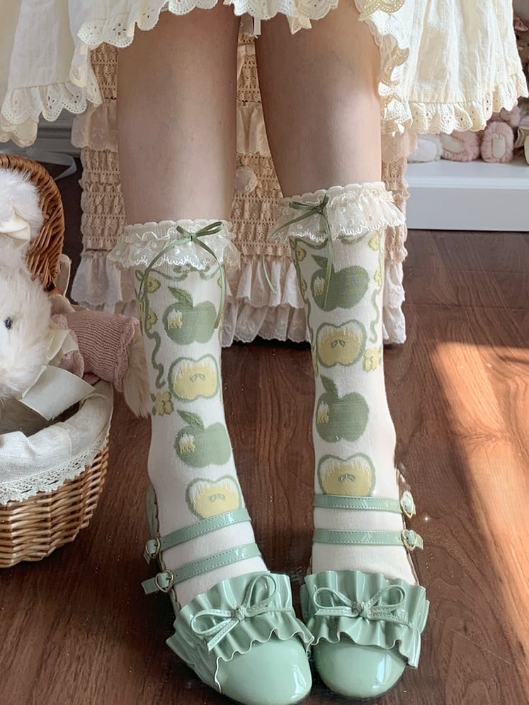 Green/Red Apple Print Lace Trim Sweet Lolita Calf Socks