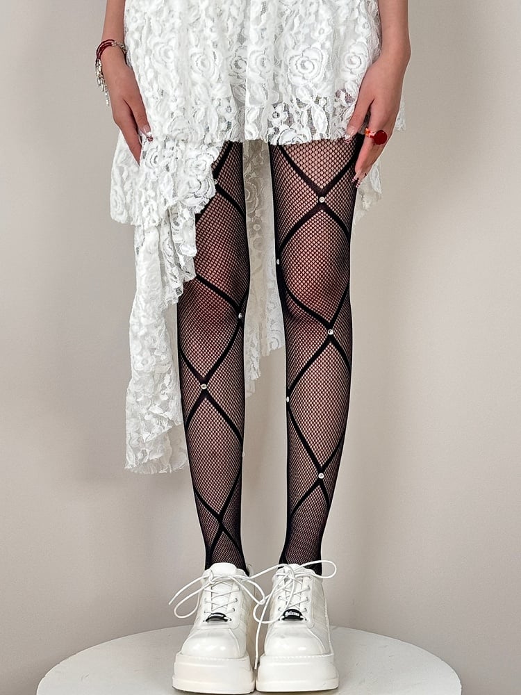 Black/White/Red Rhinestone Decorated Crisscorss Banded Tights