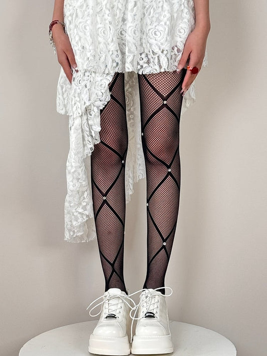 Black/White/Red Rhinestone Decorated Crisscorss Banded Tights