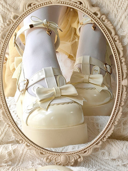 Yellow Sweet Lolita Heart Details Bunny Ear Bow at Top T-strap Platforms
