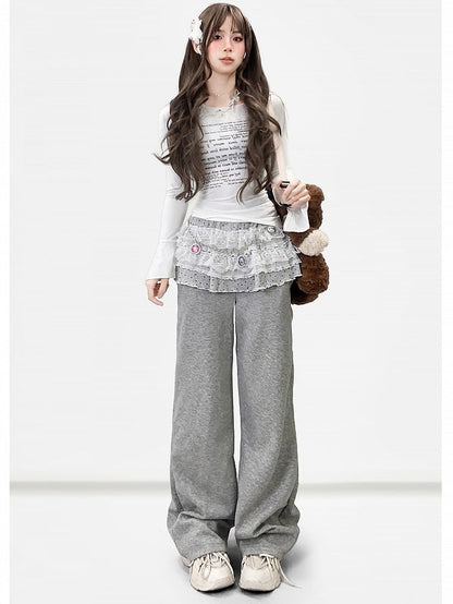 Gray Y2K Bittersweet Wide-leg Cut Pants + Polka-dot Pattern Lace Trim Tiered Skirt