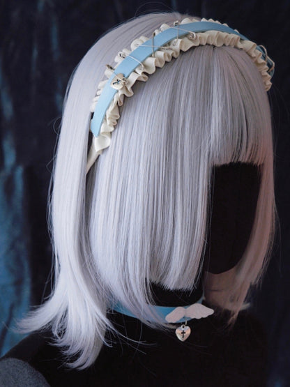 Heart Charm Blue and White PU Buckle Ruffled KC