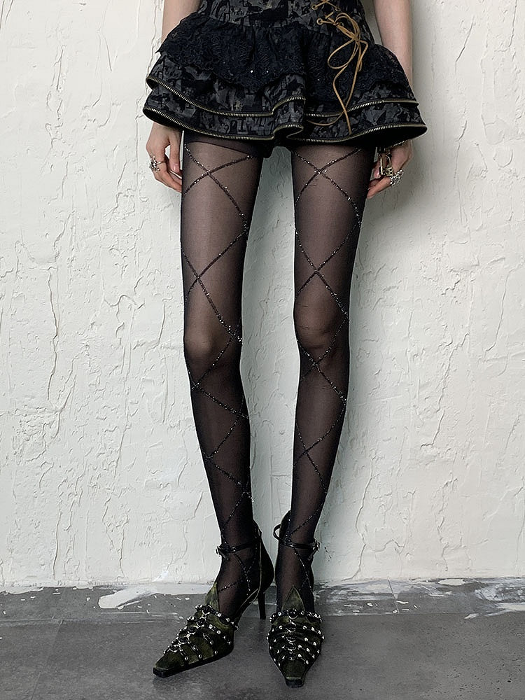 Black Punk Diamond Pattern Tights