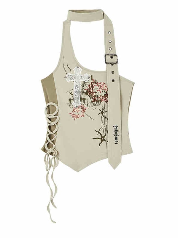 Cross Applique Apricot Halter Neck Top Lace-up Detail