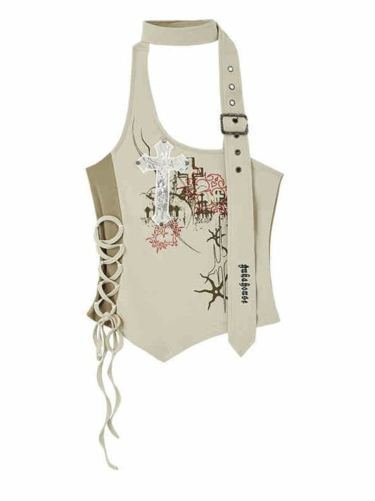 Cross Applique Apricot Halter Neck Top Lace-up Detail