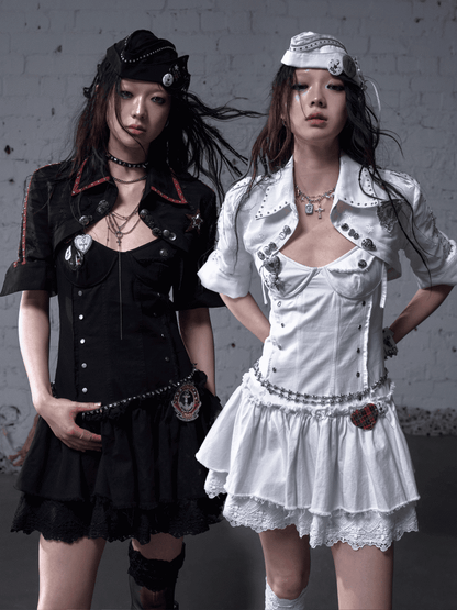 Black/White Pointed Flat Collar Studs and Metal Buttons Open Placket Navycore Top