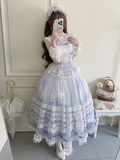 Light Purple Classic Lolita Boned Basque Waist Top + Oil Painting Print Overlay Skirt