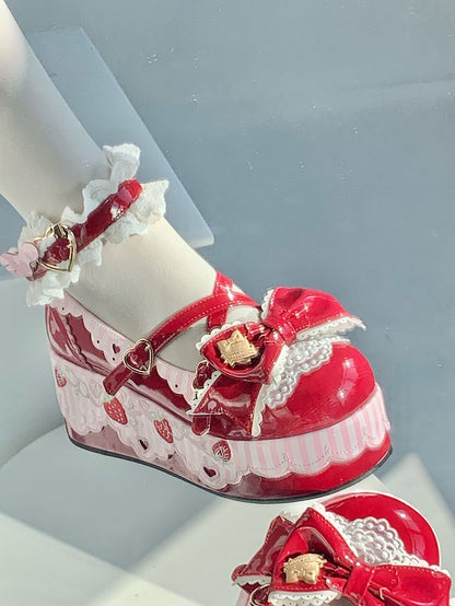 Wine Red Sweet Lolita Mary Janes - Platform Design with Strawberry Decor, Lace Trim & Romantic Clasp