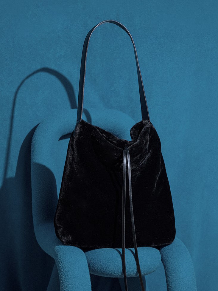Luxurious Black Plush Shoulder Tote With Drawstring Closure