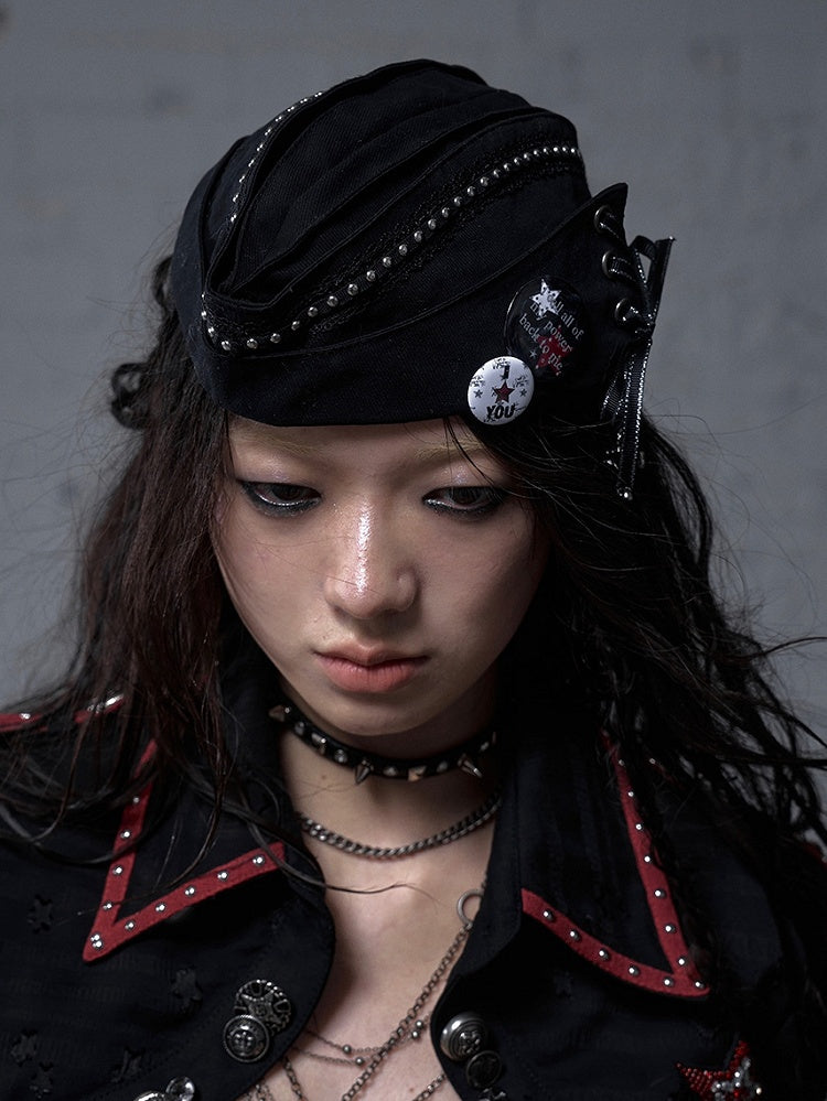 Black/White Navycore Lace-up Detail Cross Charm Punk Studded Sailor Hat