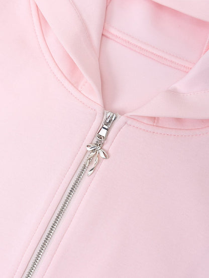 Pink Pouch Front Pockets Zip Up Hoodie with Oversized Bunny Ears