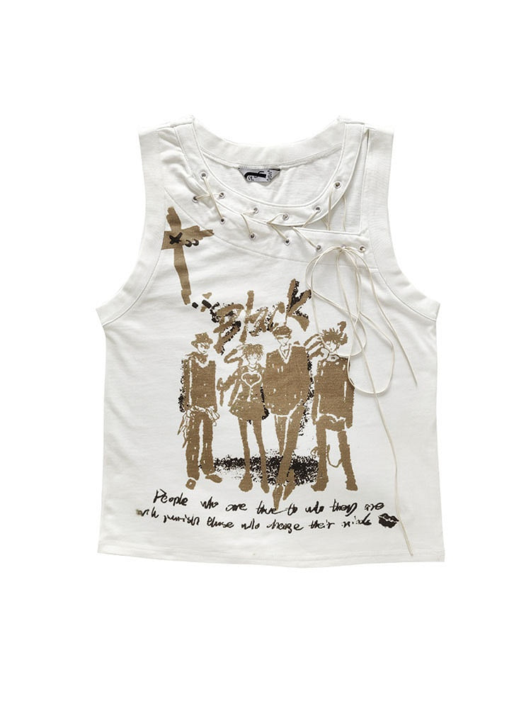 Cutout Detail White Lace-up Detail Tank Top