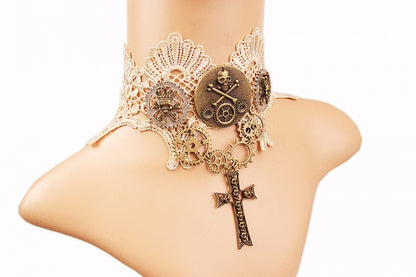 Steampunk Gears Cross Pendant Lace Choker