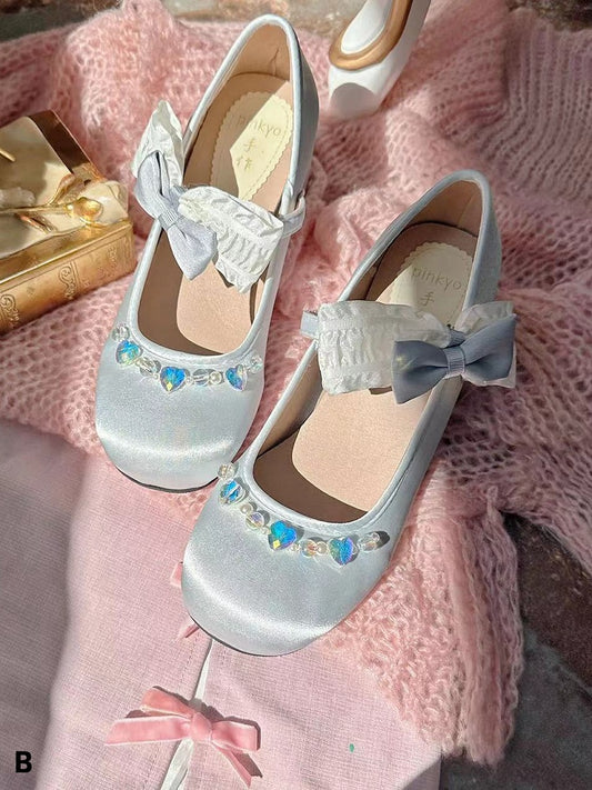 Bow Accents Light Grey Rhinestones Embellished Mary Janes