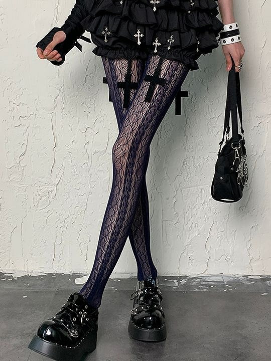 Gyaru Fashion Navy Blue Hollow-out Design Y2K Tights