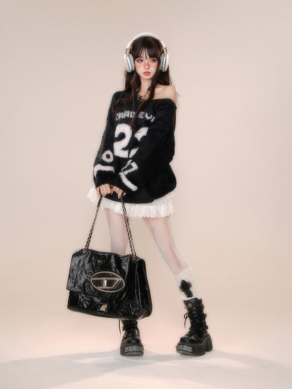 Clearance-Size M for Bust 61CM Black Asymmetrical Neckline Number Pattern Blokette Core Mohair Sweater