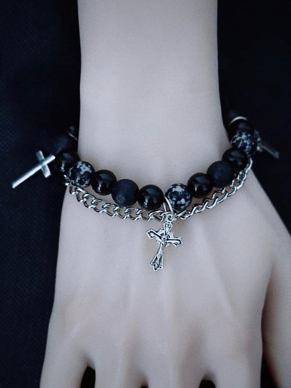 Handmade Cross Charm Gothic Black Beaded Bracelet with Chains