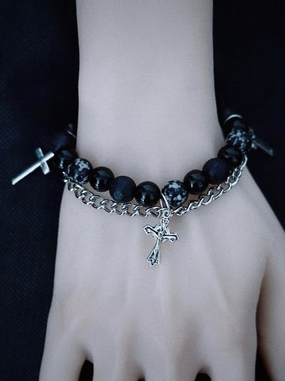 Handmade Cross Charm Gothic Black Beaded Bracelet with Chains