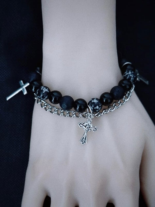 Handmade Cross Charm Gothic Black Beaded Bracelet with Chains