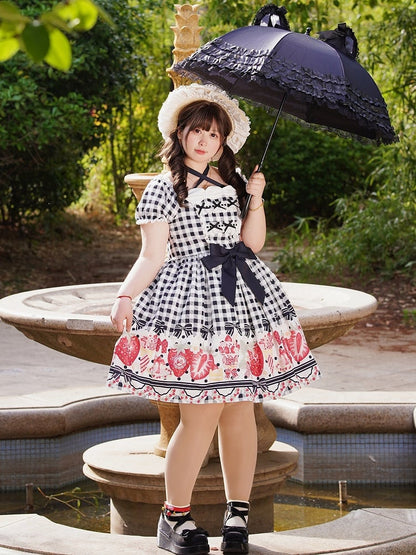 Plus Size Black Bow and Strawberry Print Lolita Gingham Dress