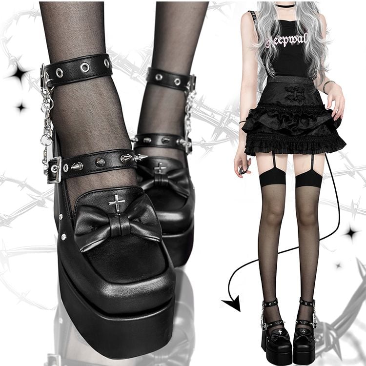 Spike Studs Matte Black Platform Block High Heels Punk Goth Shoes