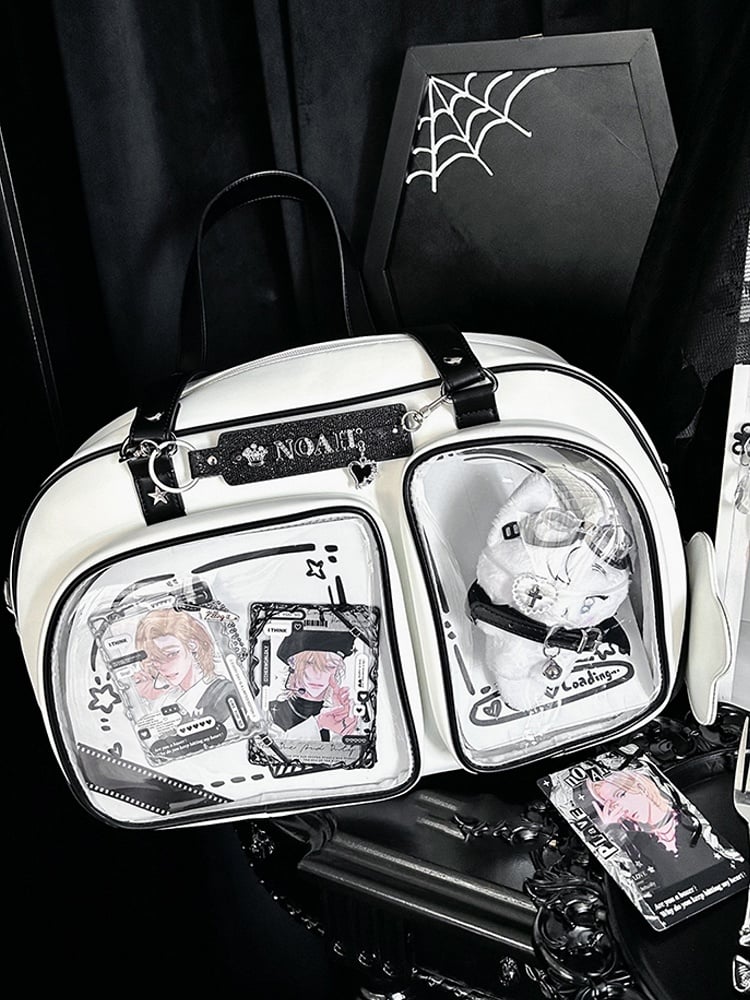 White & Black Contrast Trim Bread-shaped Ita Shoulder Bag