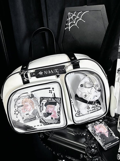 White & Black Contrast Trim Bread-shaped Ita Shoulder Bag