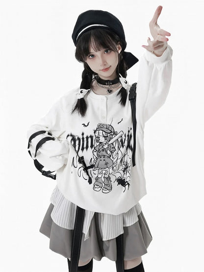 Techwear-Style Black/White Anime Girl Graffiti Sweatshirt with Letter Print and Detachable Snap Straps