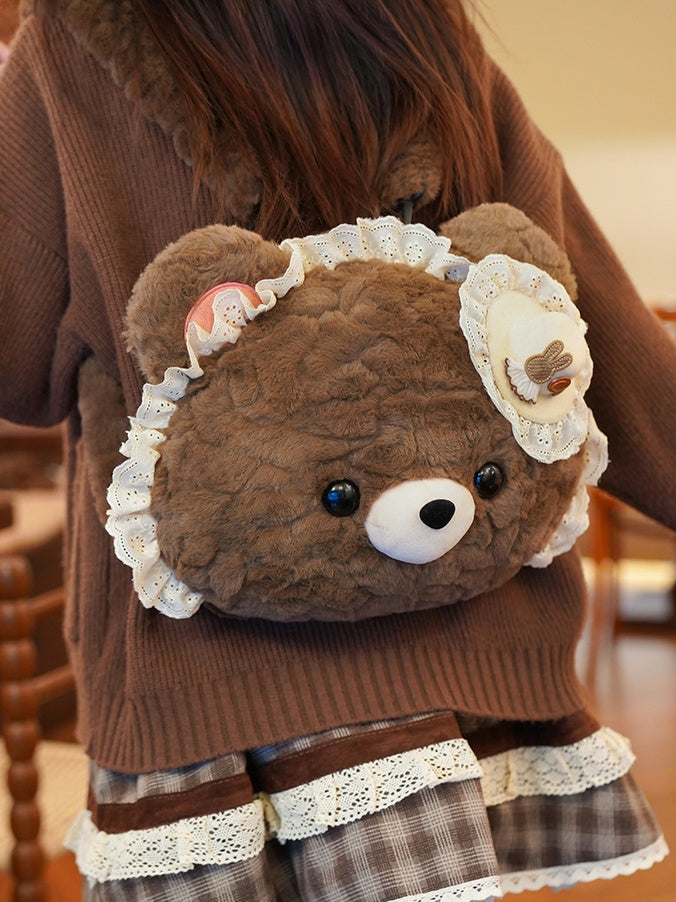 Brown Bear-shaped Lace Design Plush Backpack