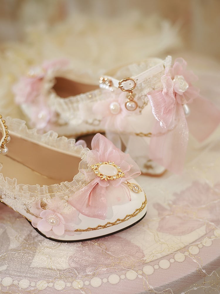 White & Pink Floral and Bow Accent 5CM/6CM/8CM Hime Lolita Block Heels