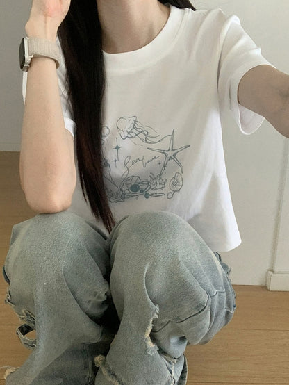 Seashell and Jellyfish Print White Round Neck T-shirt Regular/Short Version