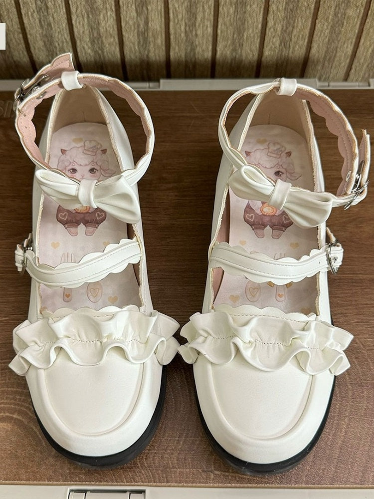 White Ruffles Trim Bowknot Decorated Heart Buckles Lolita Shoes