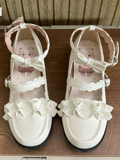 White Ruffles Trim Bowknot Decorated Heart Buckles Lolita Shoes