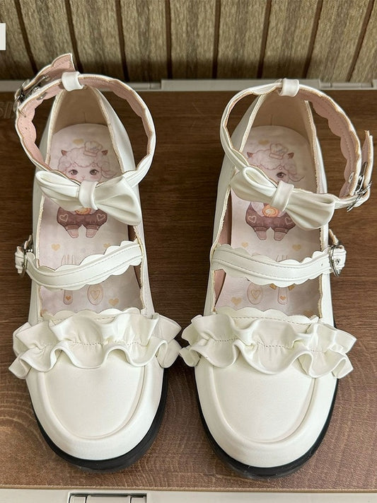 White Ruffles Trim Bowknot Decorated Heart Buckles Lolita Shoes