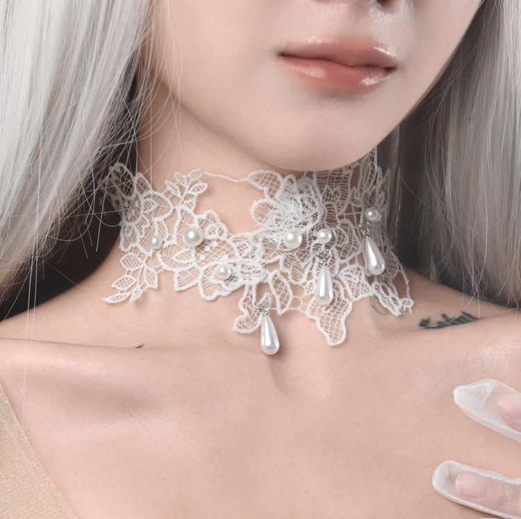 White Bead Details Lace Applique Choker