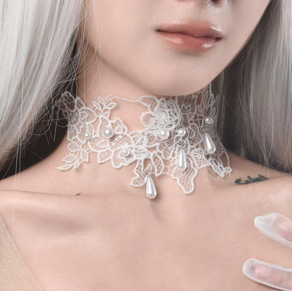White Bead Details Lace Applique Choker