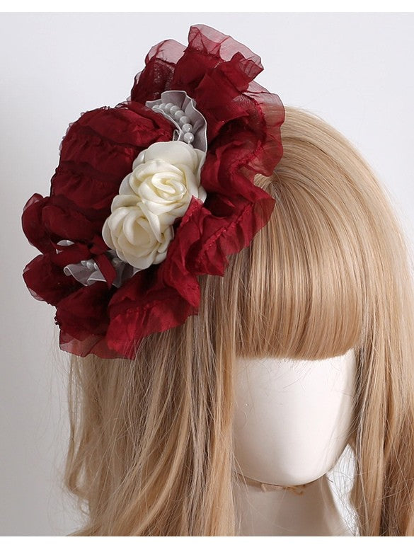 Red Beaded Decorated Camellia Design Lace Trim Mini Hat